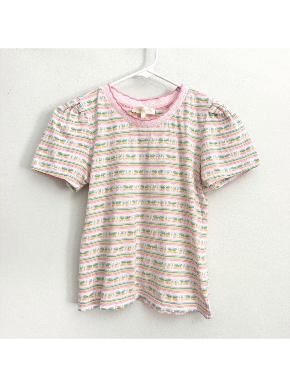 NWOT Love Shack Fancy Laramie Short Sleeve Shirt Pink Butterfly Stripe Sz Small